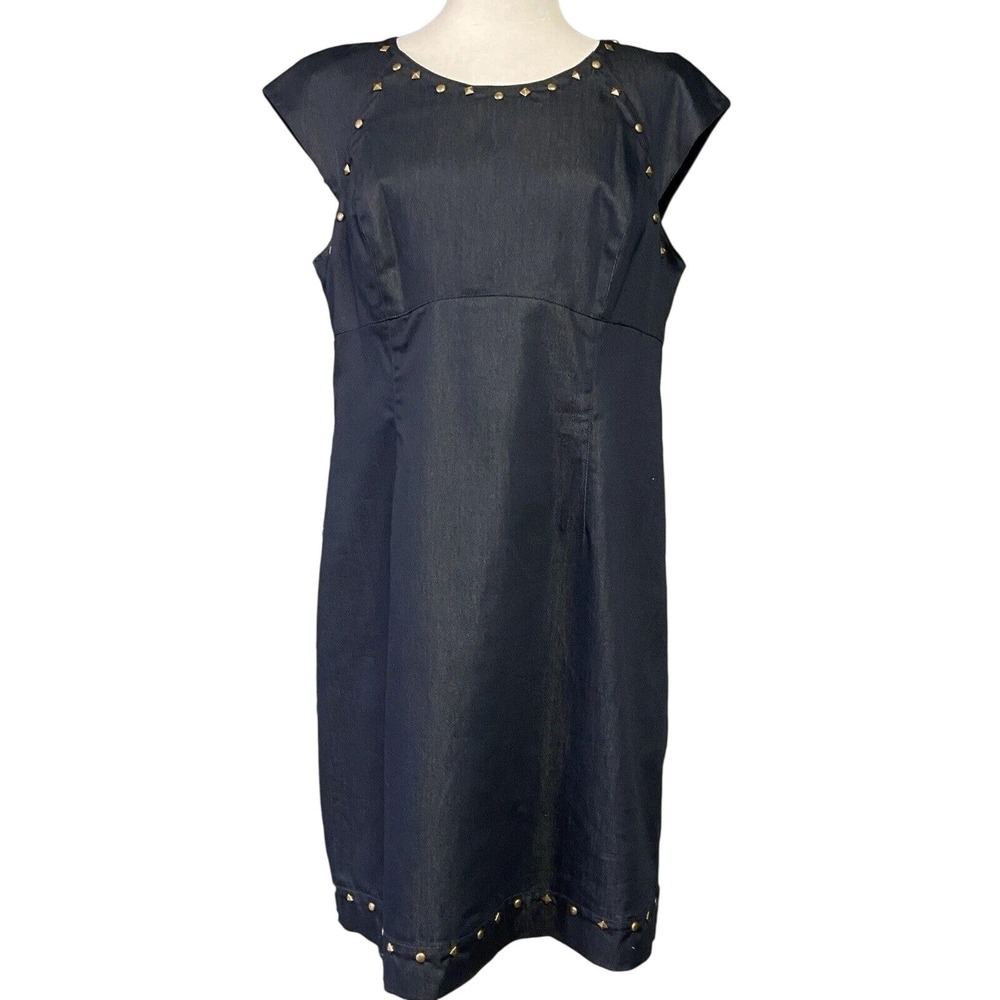 Betsey Johnson Sheath Dress Womens 14 Blue Denim Studded Sleeveless Knee Length